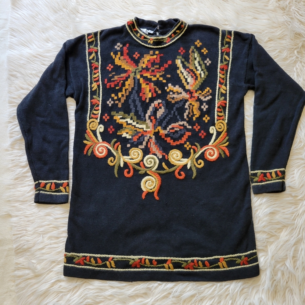 Vintage Floral Embroidered Knit Sweater M 38 LL European Black Tunic